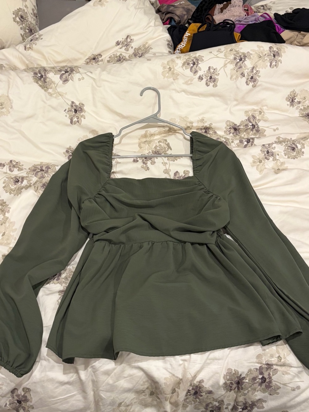 Women’s Olive Green Long-Sleeve Square Neck Peplum Top
